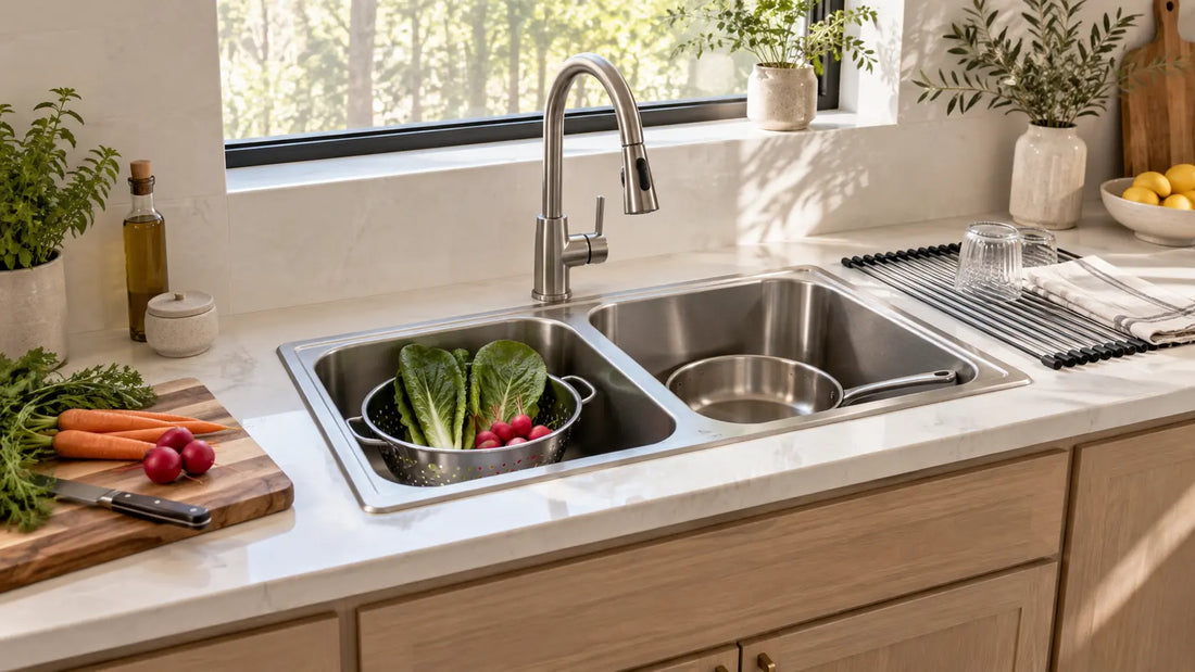 33-inch top-mount double-bowl stainless steel kitchen sink in a modern kitchen