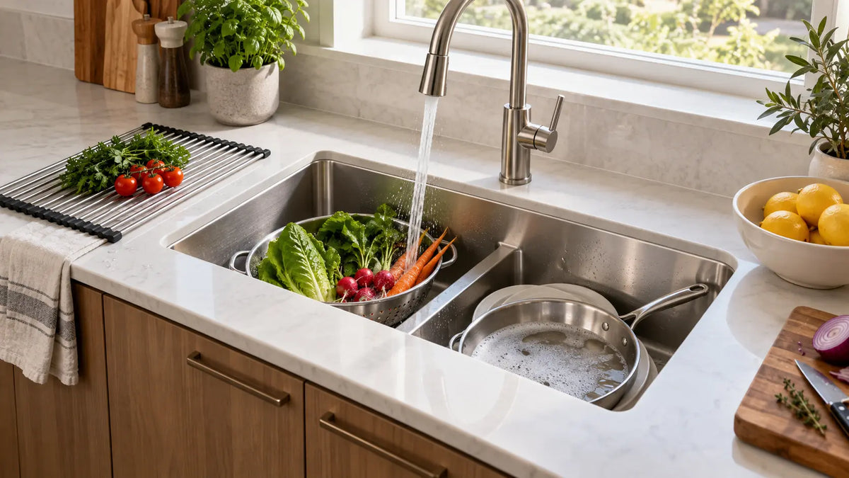 Double bowl stainless steel kitchen sink with vegetables and cookware in a bright modern kitchen