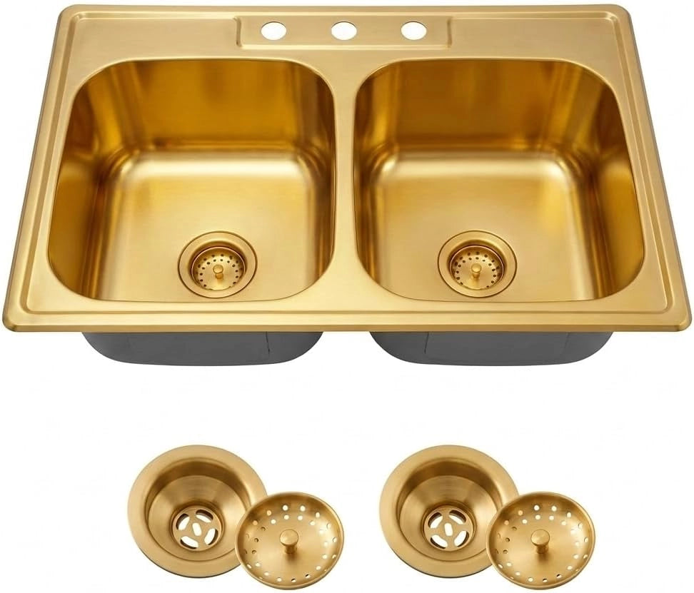 LQS 33-inch Gold Desktop Double-Slot 304 Stainless Steel Kitchen Sink