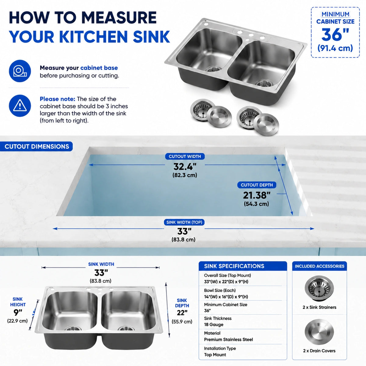 18 Gauge 304 Stainless Steel Double Bowl Kitchen Sink Features