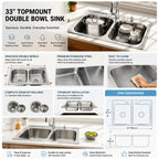 33 Inch Top Mount Double Bowl Stainless Steel Sink Features and Dimensions