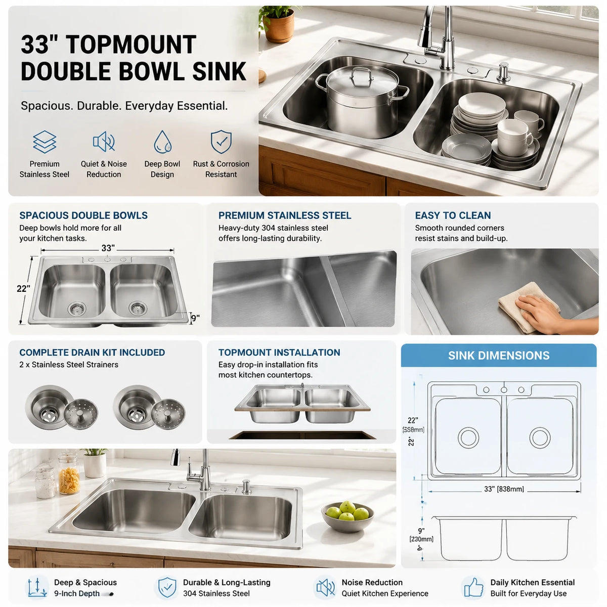 33 Inch Top Mount Double Bowl Stainless Steel Sink Features and Dimensions
