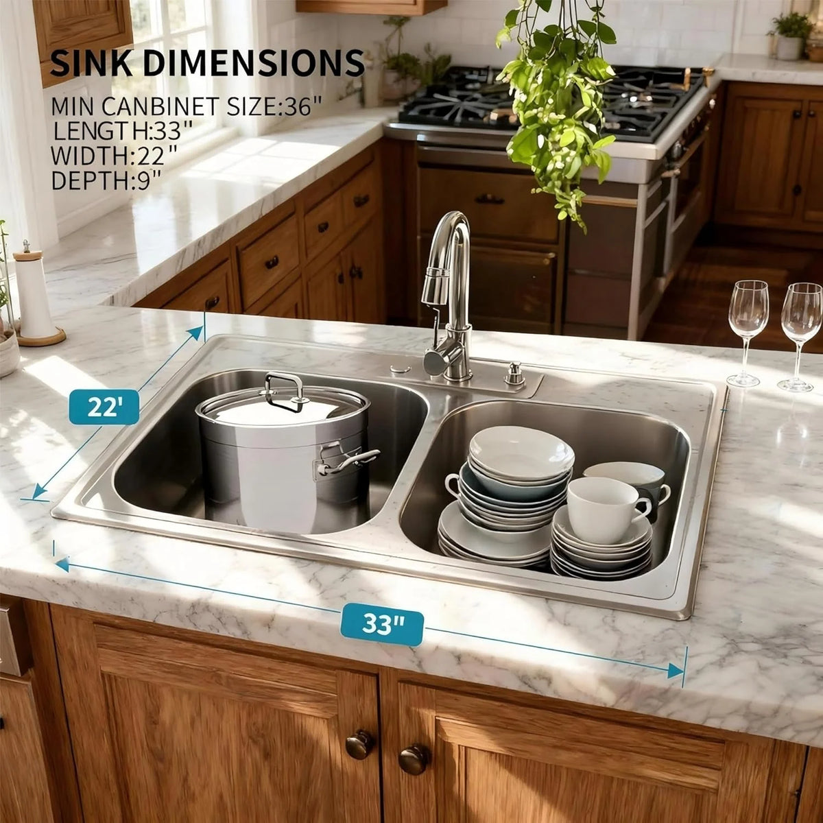 33 x 22 x 9 Inch Double Bowl Top Mount Kitchen Sink Dimensions