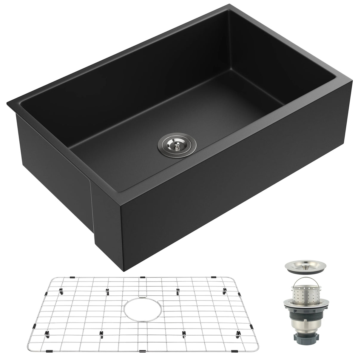Black quartz composite apron front single bowl kitchen sink with bottom grid and kitchen sink drain