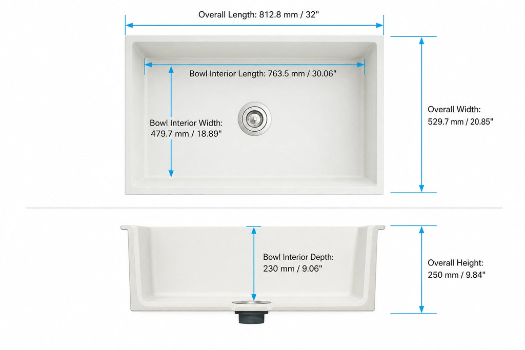 AP813521 white quartz composite apron front kitchen sink overall and bowl interior dimensions
