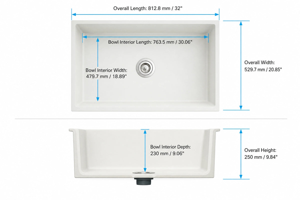 AP813521 white quartz composite apron front kitchen sink overall and bowl interior dimensions