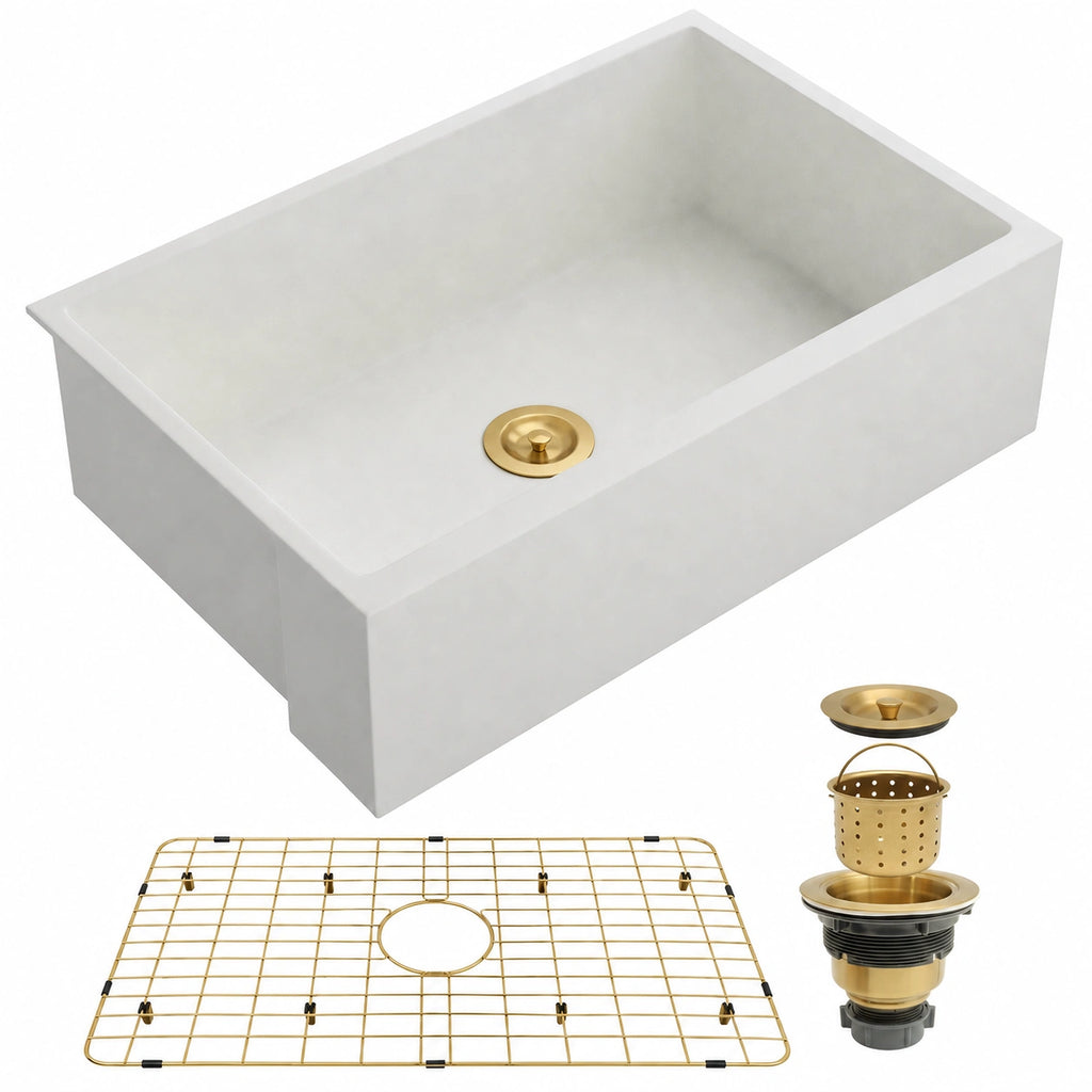 White quartz composite kitchen sink with gold bottom grid and gold drain assembly