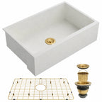 White quartz composite kitchen sink with gold bottom grid and gold drain assembly