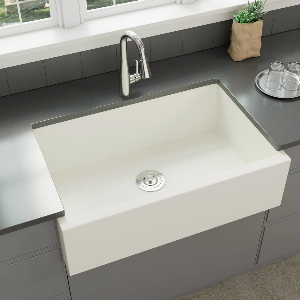 White quartz composite sink with bottom grid and kitchen sink drain