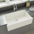 White quartz composite sink with bottom grid and kitchen sink drain