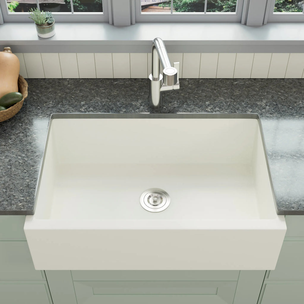 White quartz composite apron front single bowl kitchen sink