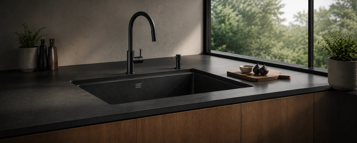 Black quartz composite kitchen sink in a modern kitchen with dark countertops