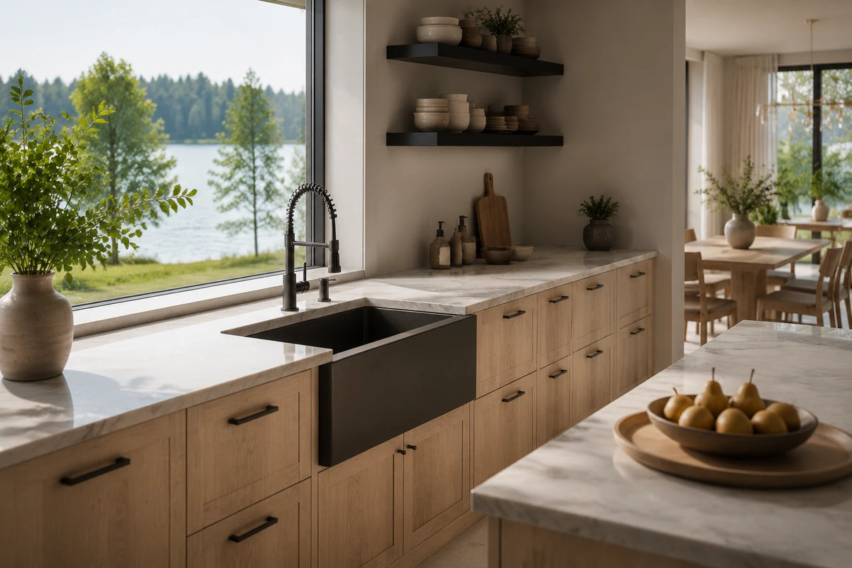 Black quartz composite farmhouse kitchen sink in a modern lakeside kitchen