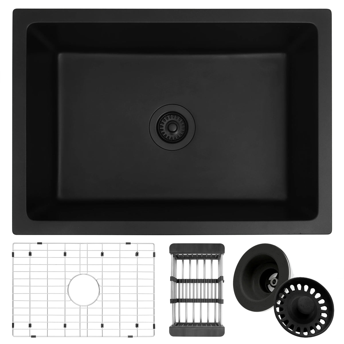 Black quartz composite undermount single bowl kitchen sink with included accessories