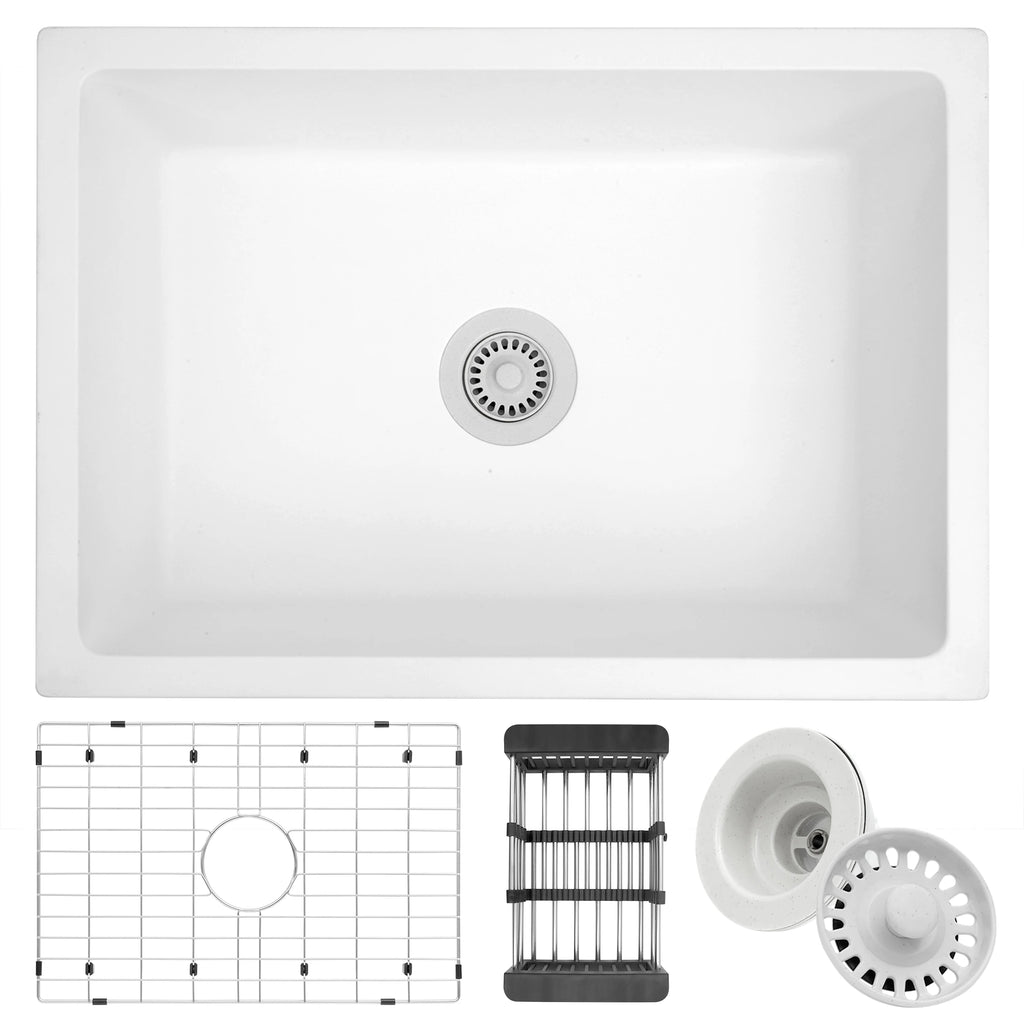 White quartz composite undermount single bowl kitchen sink with included accessories