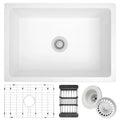 White quartz composite undermount single bowl kitchen sink with included accessories