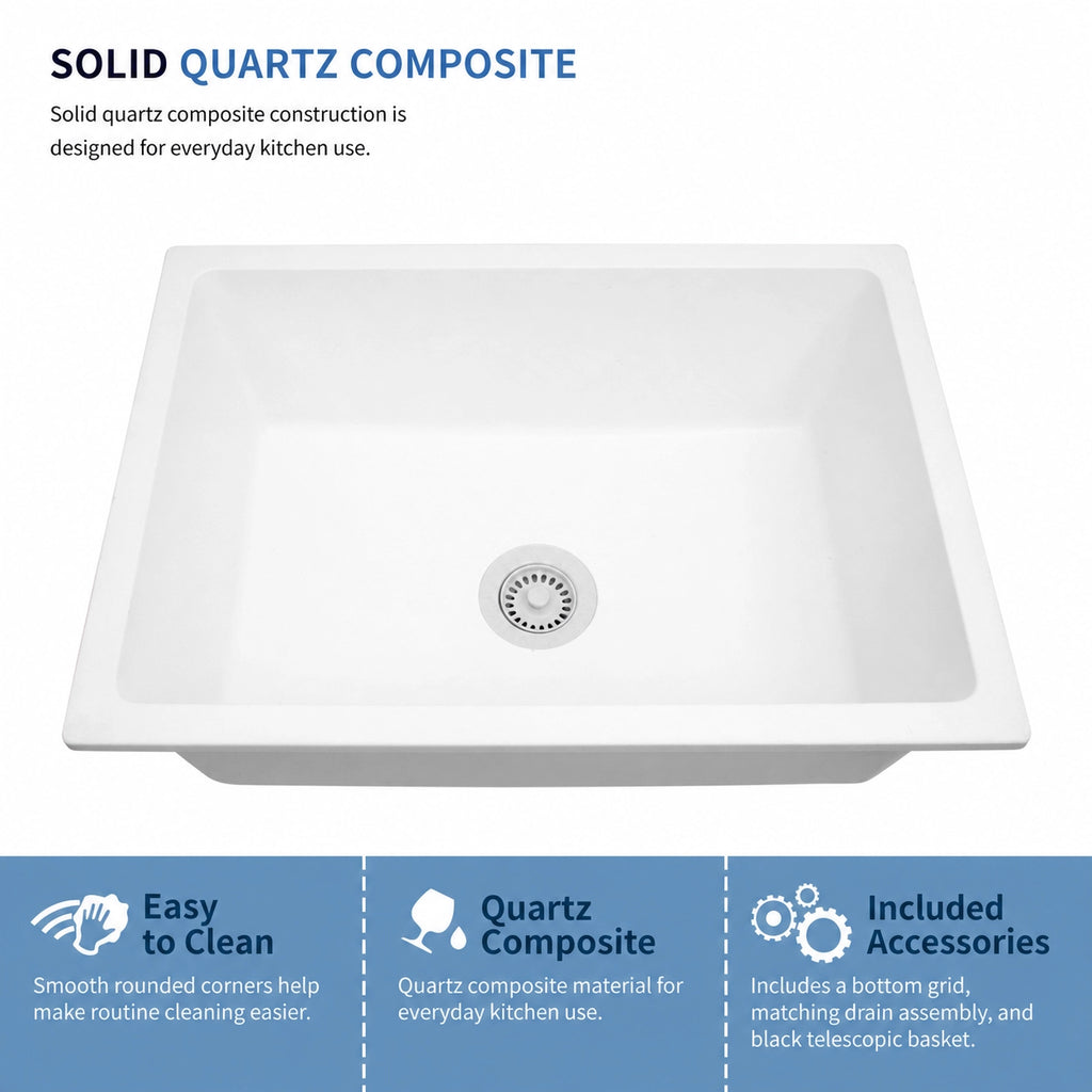 Quartz composite sink material and included bottom grid, matching drain assembly, and black telescopic basket