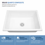 Quartz composite sink material and included bottom grid, matching drain assembly, and black telescopic basket