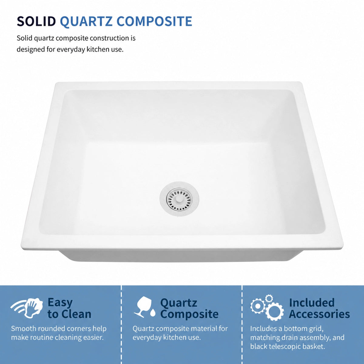 Quartz composite sink material and included bottom grid, matching drain assembly, and black telescopic basket