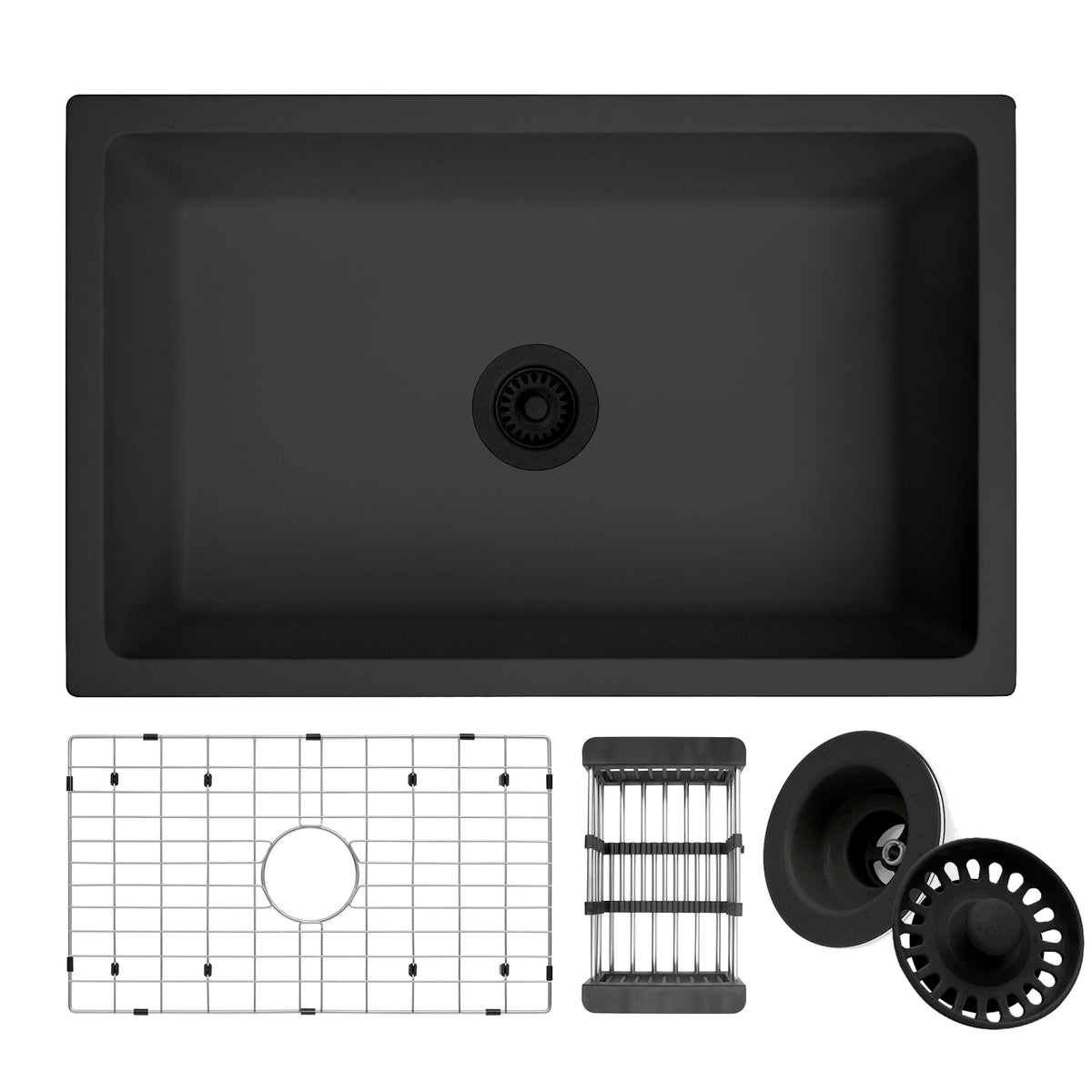 Black quartz composite undermount single bowl kitchen sink
