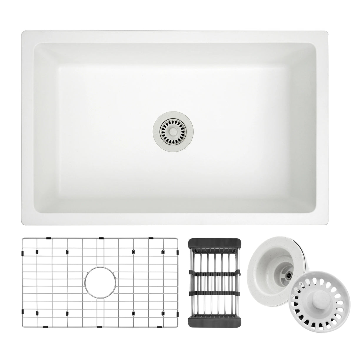 White quartz composite undermount single bowl kitchen sink