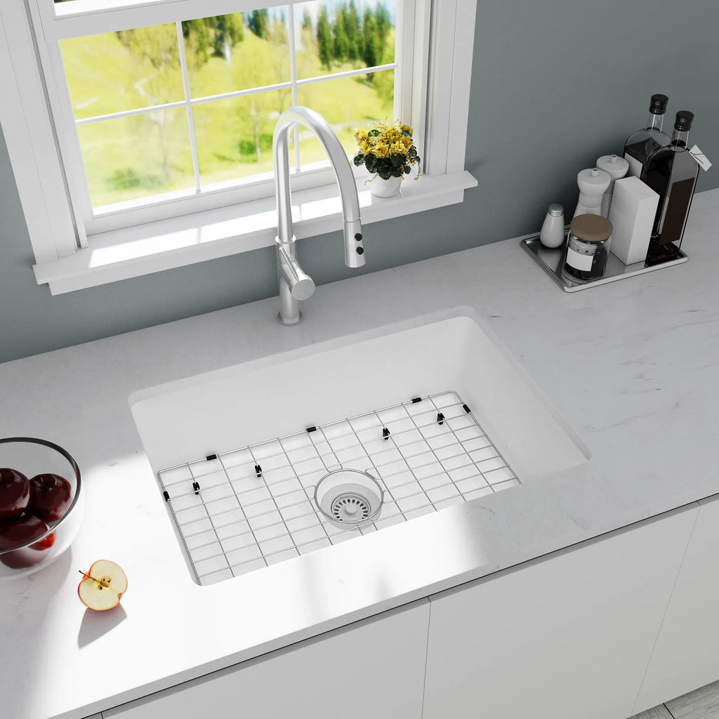 White quartz composite undermount kitchen sink with bottom grid
