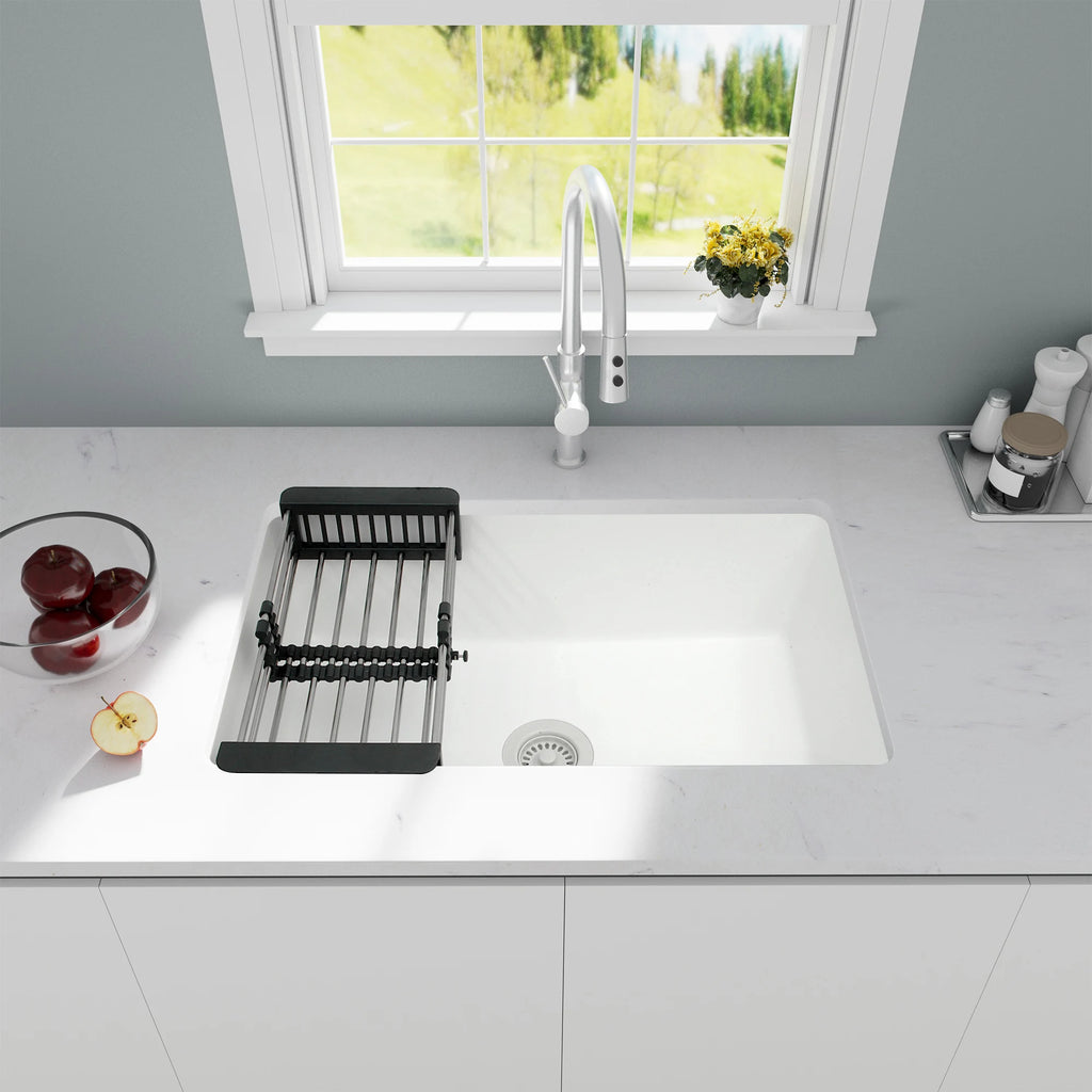White quartz composite undermount kitchen sink with roll-up drying rack