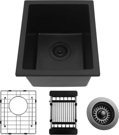 Black quartz composite undermount single bowl kitchen sink with included accessories