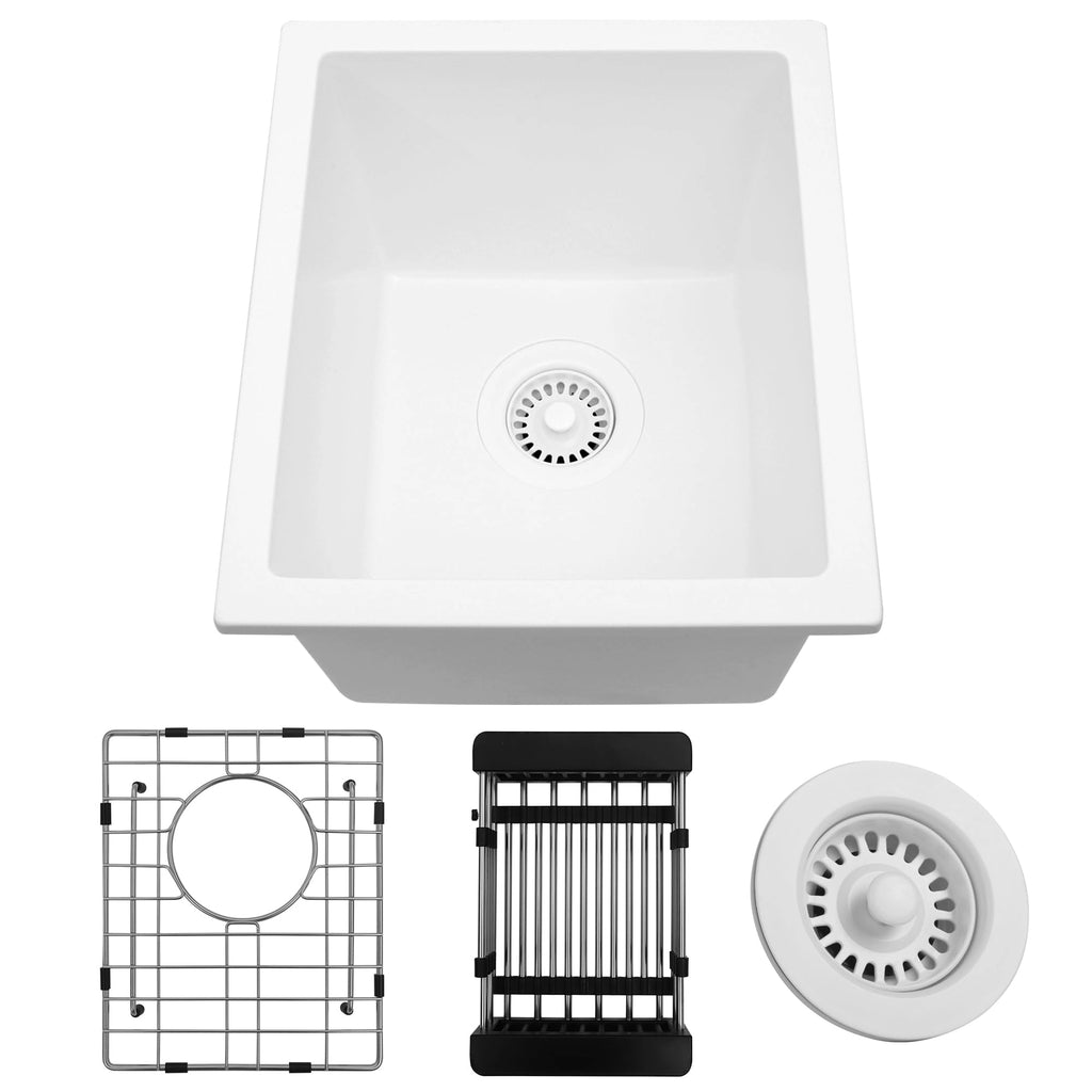 White quartz composite undermount single bowl kitchen sink with included accessories