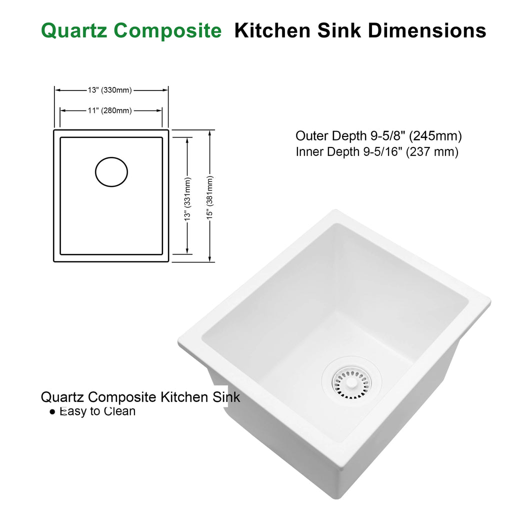 DG1315 white quartz composite bar sink overall and bowl interior dimensions.