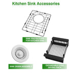 Included accessories for the DG1315 white quartz composite bar sink, including bottom grid, matching drain assembly, and expandable drying rack.