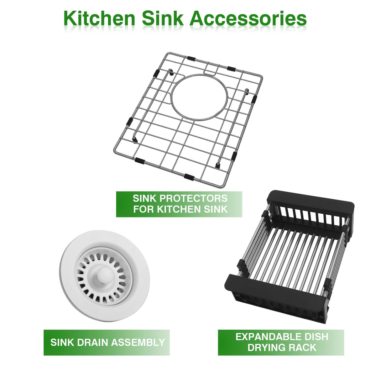 Included accessories for the DG1315 white quartz composite bar sink, including bottom grid, matching drain assembly, and expandable drying rack.