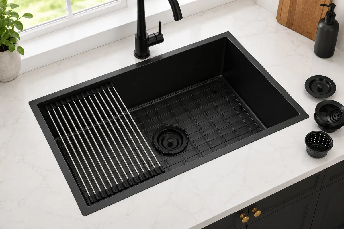 LQS kitchen sink with bottom grid, roll-up drying rack, and drain accessories