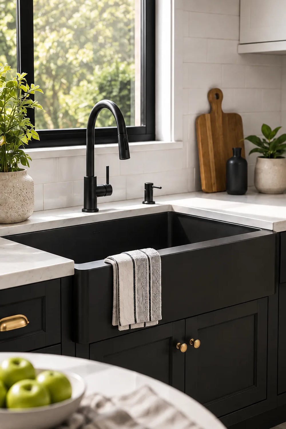 Modern kitchen sink lifestyle scene showing a stylish black sink installation