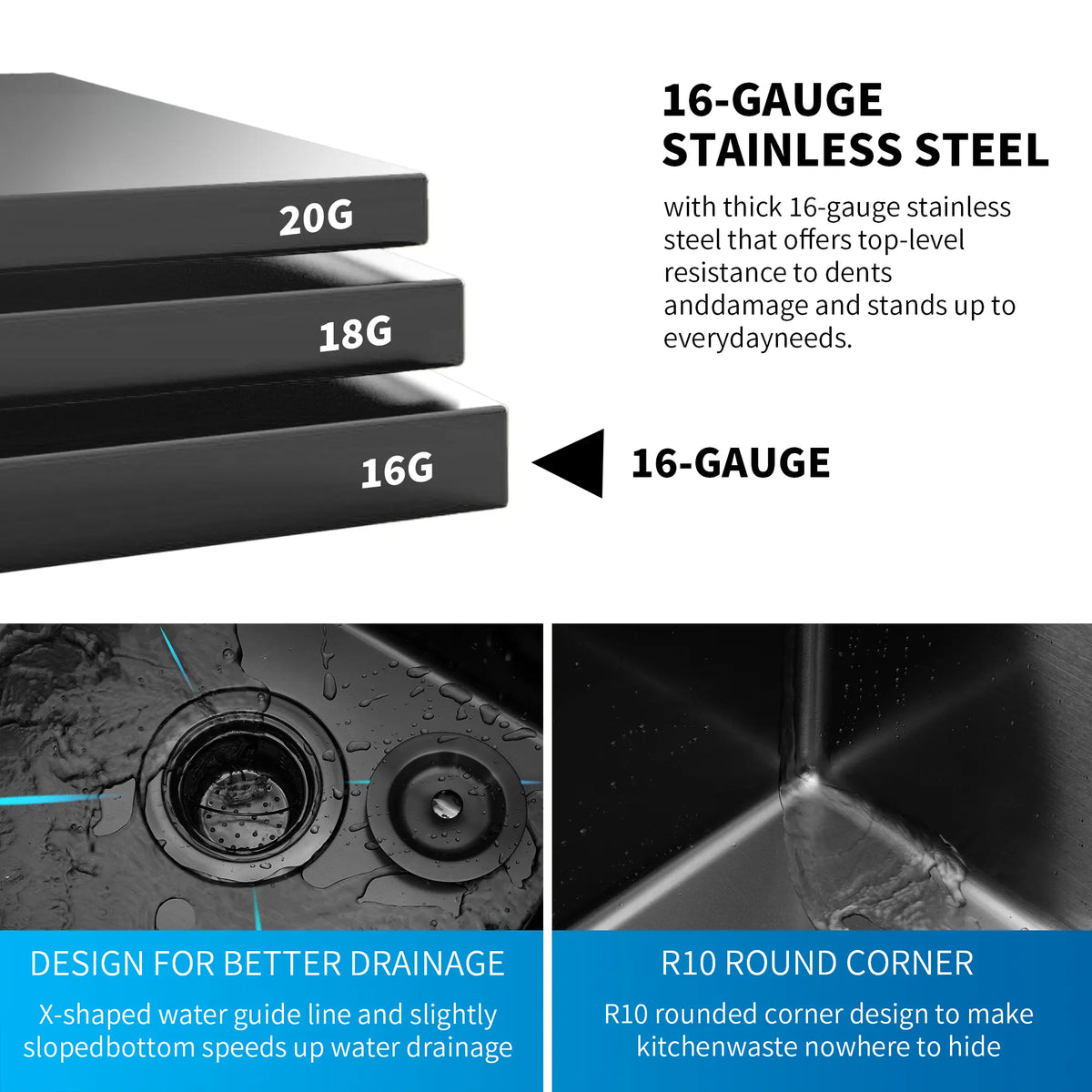 Black kitchen sink showing 16 gauge steel X-shaped drainage and R10 corners