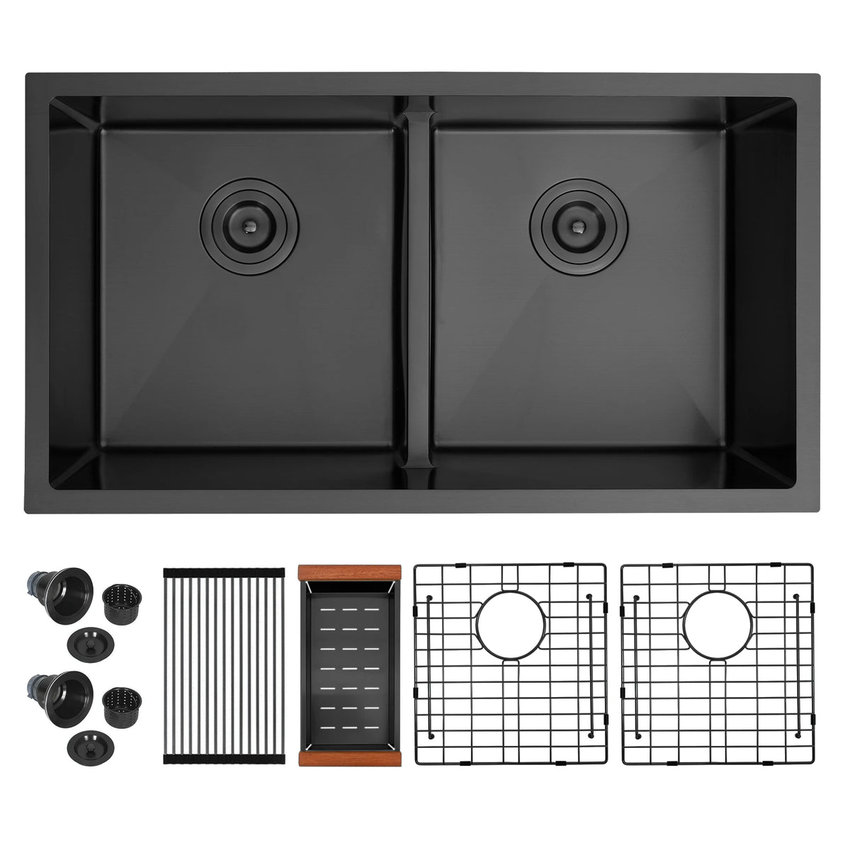 32 inch black undermount low divider double bowl kitchen sink with included accessories