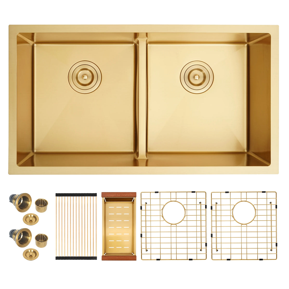 32 inch gold undermount low divider double bowl kitchen sink with included accessories