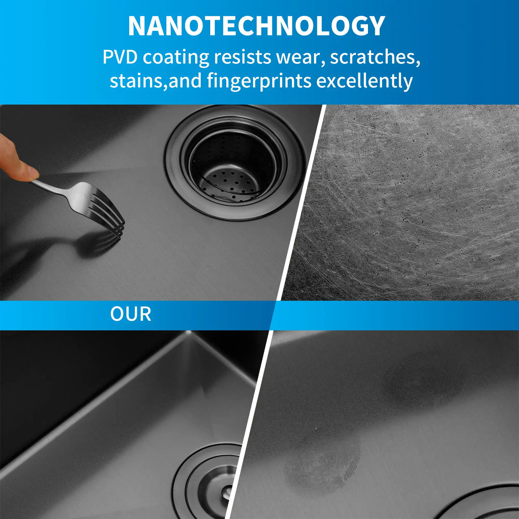 Black kitchen sink surface detail showing nano PVD coating