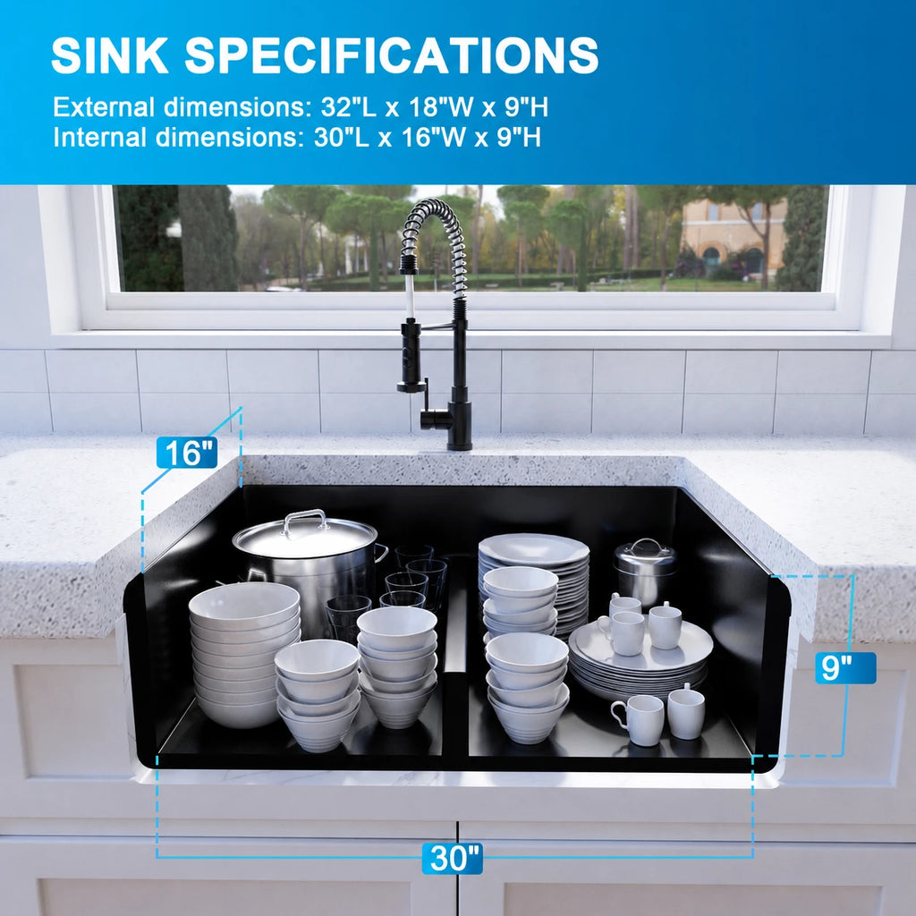 Dimensions of 32 inch black undermount low divider double bowl kitchen sink