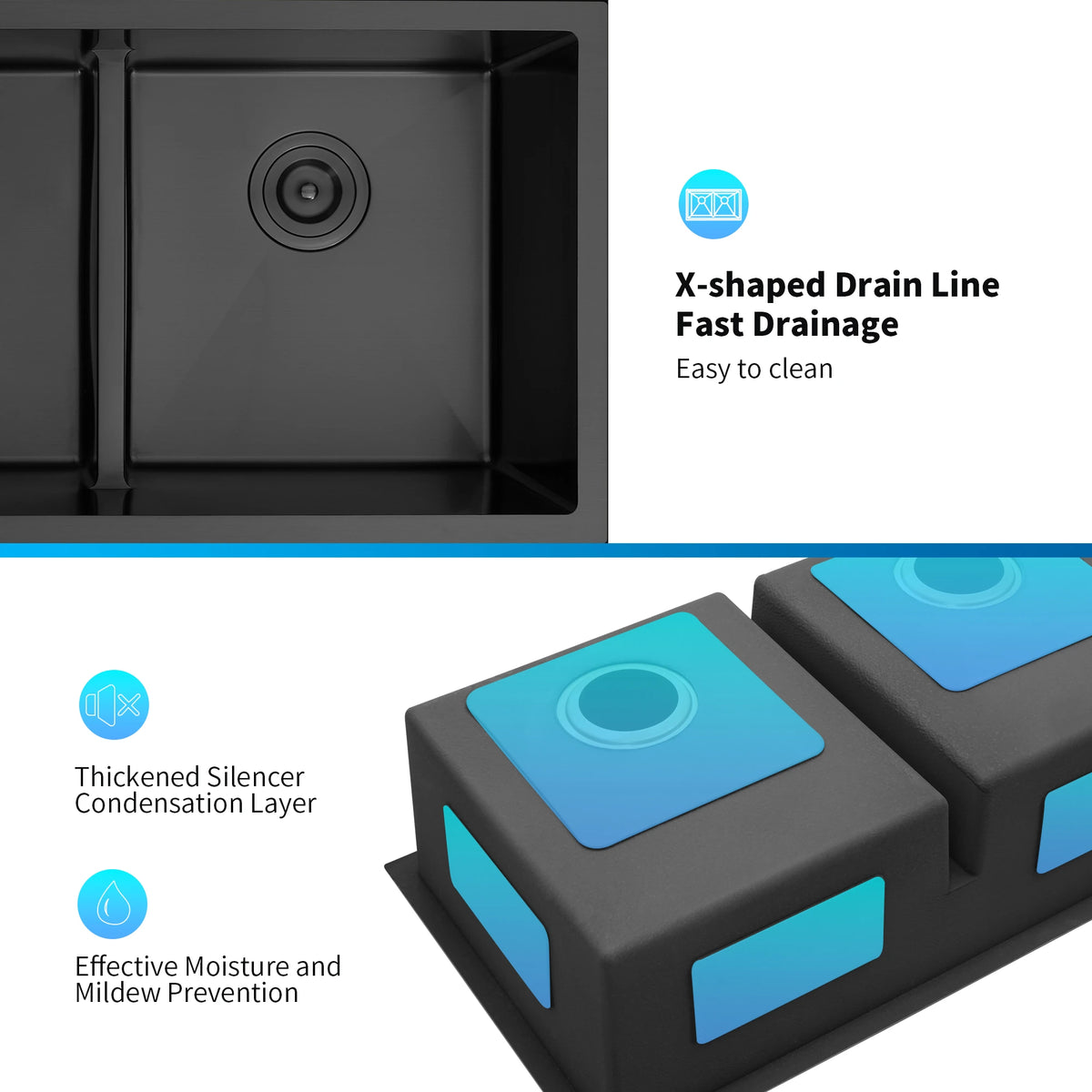 Black kitchen sink surface detail showing nano PVD coating