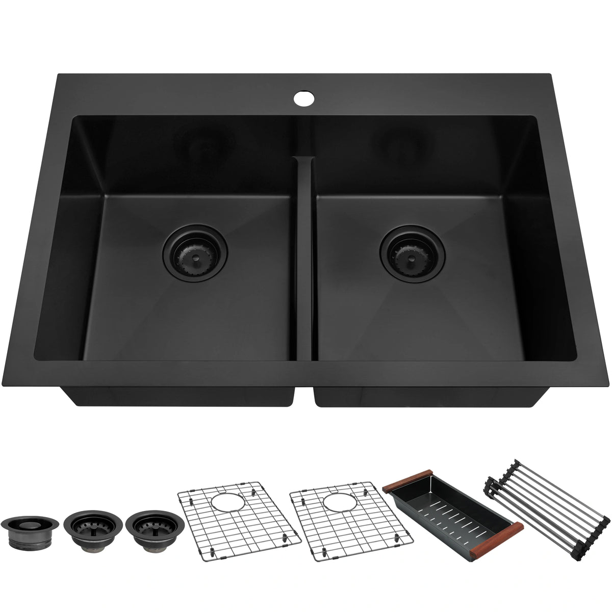33 inch black top mount low divider double bowl kitchen sink