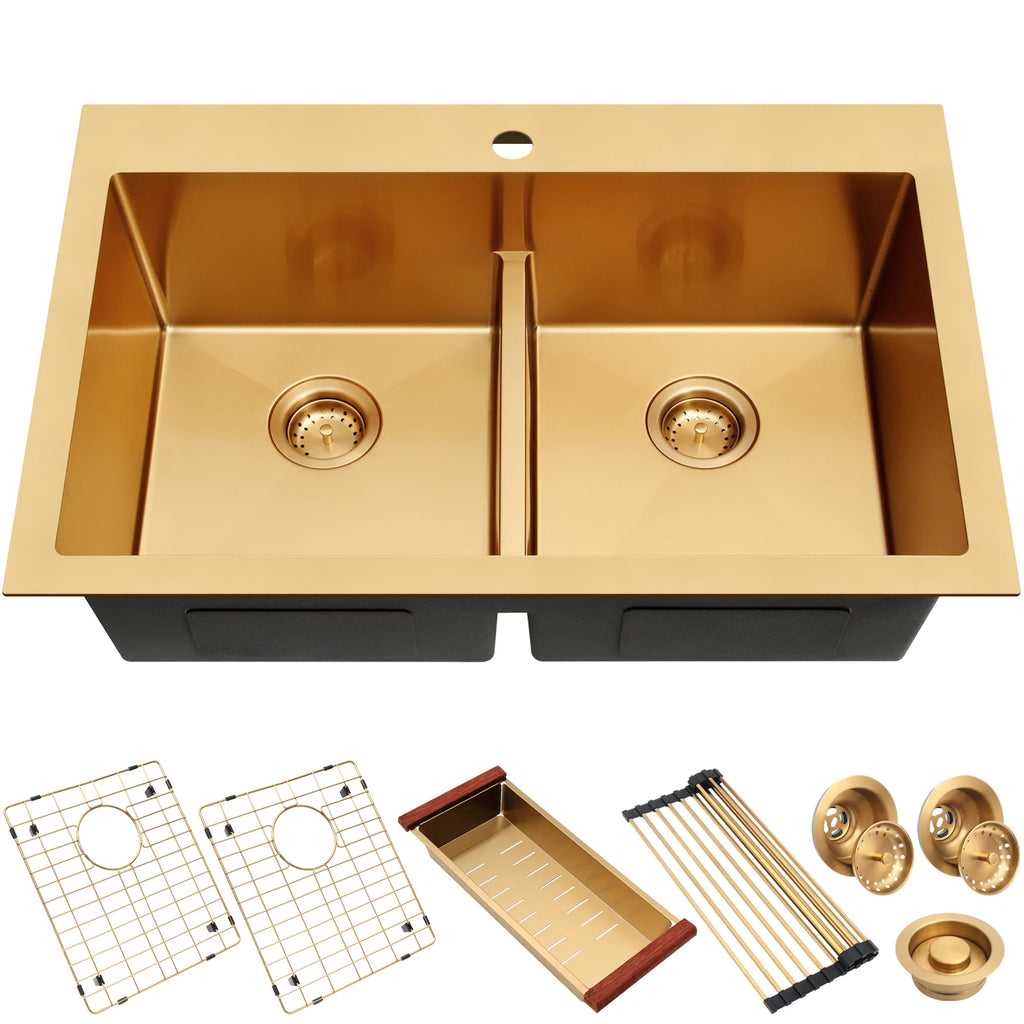 33 inch gold top mount low divider double bowl kitchen sink