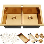 33 inch gold top mount low divider double bowl kitchen sink