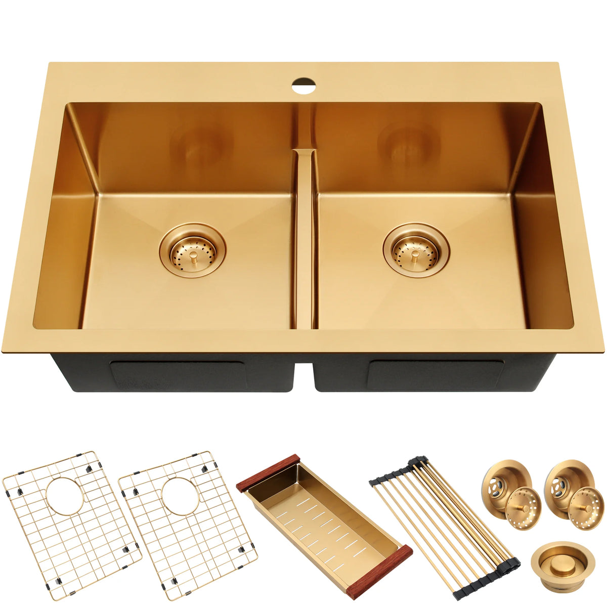 33 inch gold top mount low divider double bowl kitchen sink