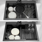 Black double bowl kitchen sink for washing and drying dishes