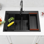 Black double bowl sink with roll-up drying rack and colander