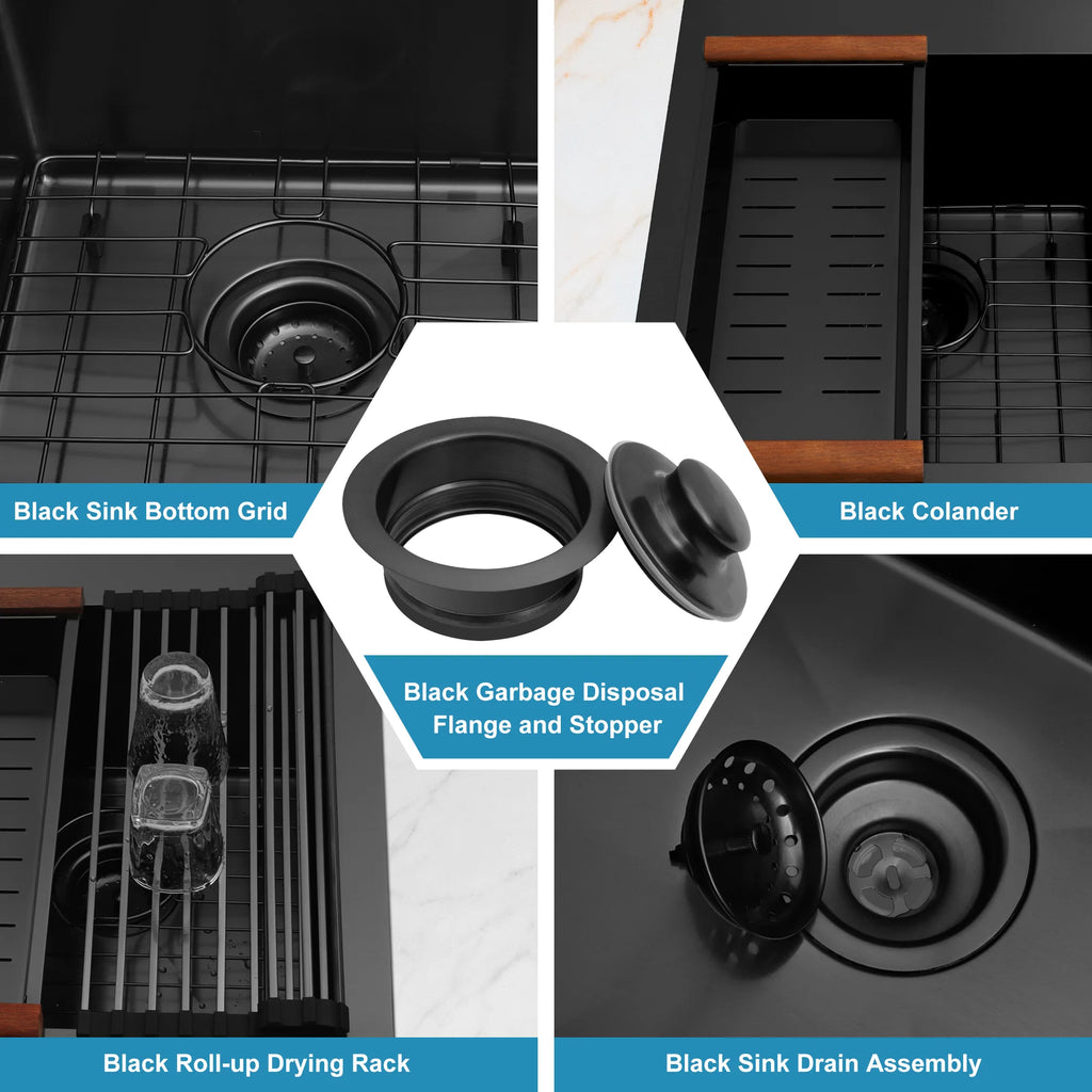 Black sink accessories including bottom grid colander drying rack and drain