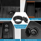 Black sink accessories including bottom grid colander drying rack and drain