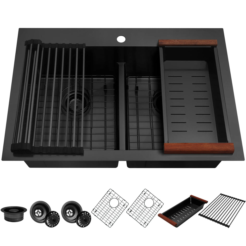 Black double bowl kitchen sink with bottom grids colander drying rack and drains