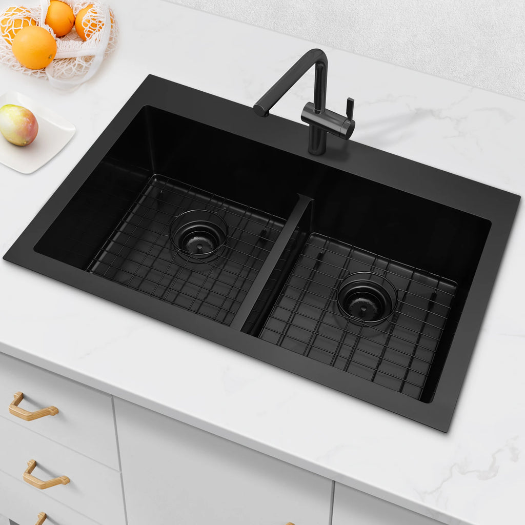 Black top mount double bowl kitchen sink installed on a countertop